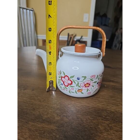 Vintage 80s Gailstyn-Sutton Enamelware Teapot Kettle Country Flower Wood Handle - Picture 5 of 16